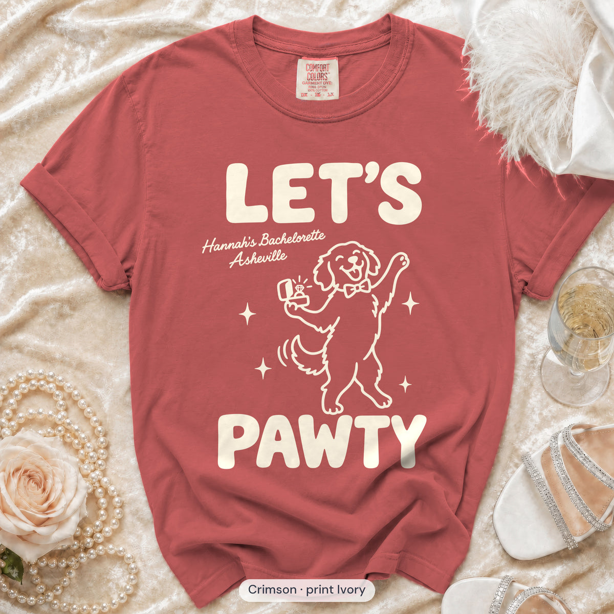 Crimson The Bride & Let's Pawty Dog bachelorette crew t-shirt
