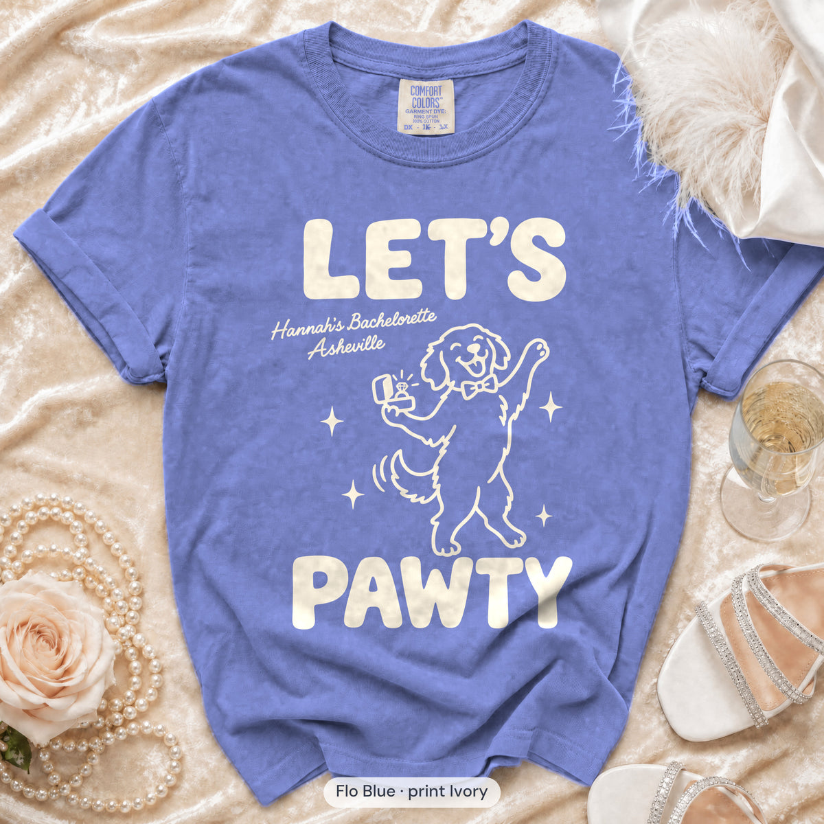 Flo Blue The Bride & Let's Pawty Dog bachelorette crew t-shirt
