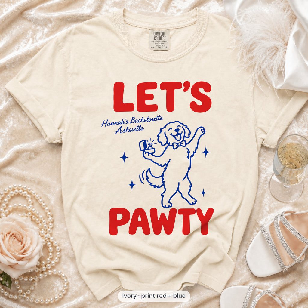 Ivory The Bride & Let's Pawty Dog bachelorette crew t-shirt