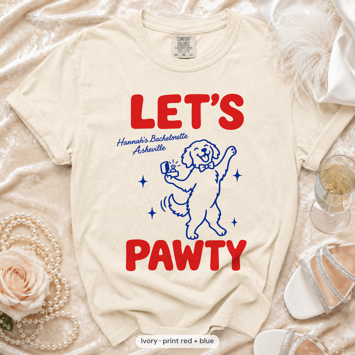 Ivory The Bride & Let's Pawty Dog bachelorette crew t-shirt