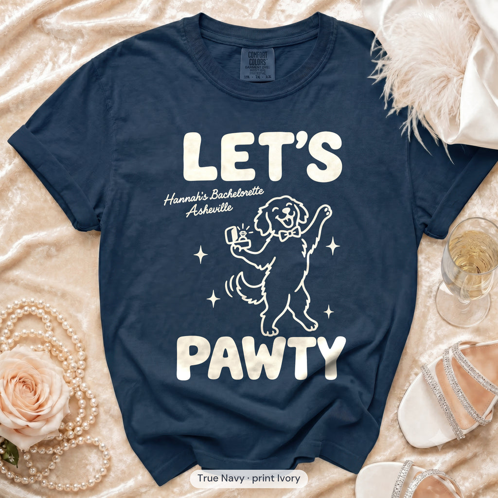True Navy The Bride & Let's Pawty Dog bachelorette crew t-shirt