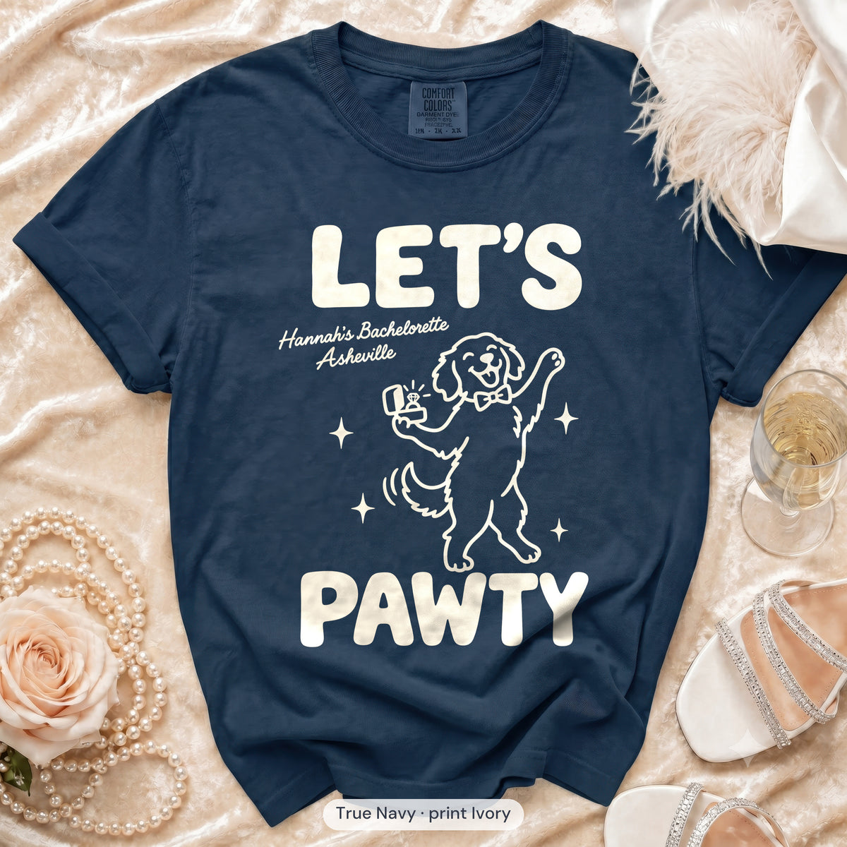 True Navy The Bride & Let's Pawty Dog bachelorette crew t-shirt