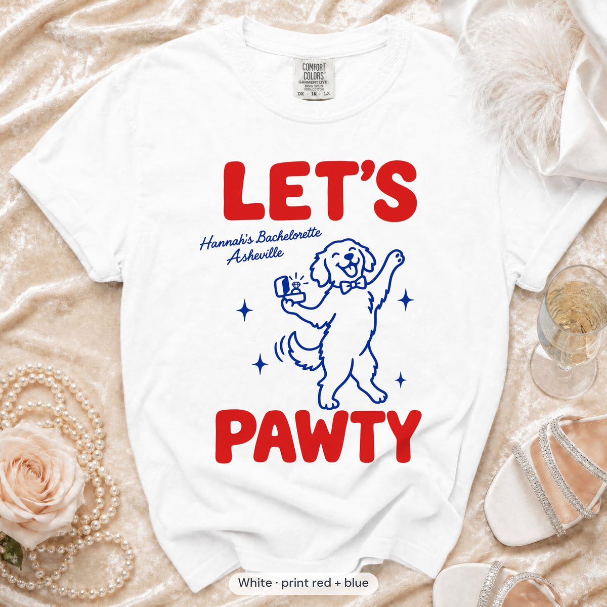 White The Bride & Let's Pawty Dog bachelorette crew t-shirt