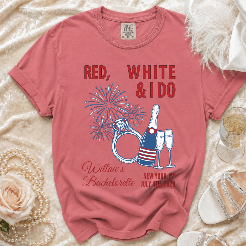 Red, white & I do bachelorette t-shirt with fireworks and champagne.