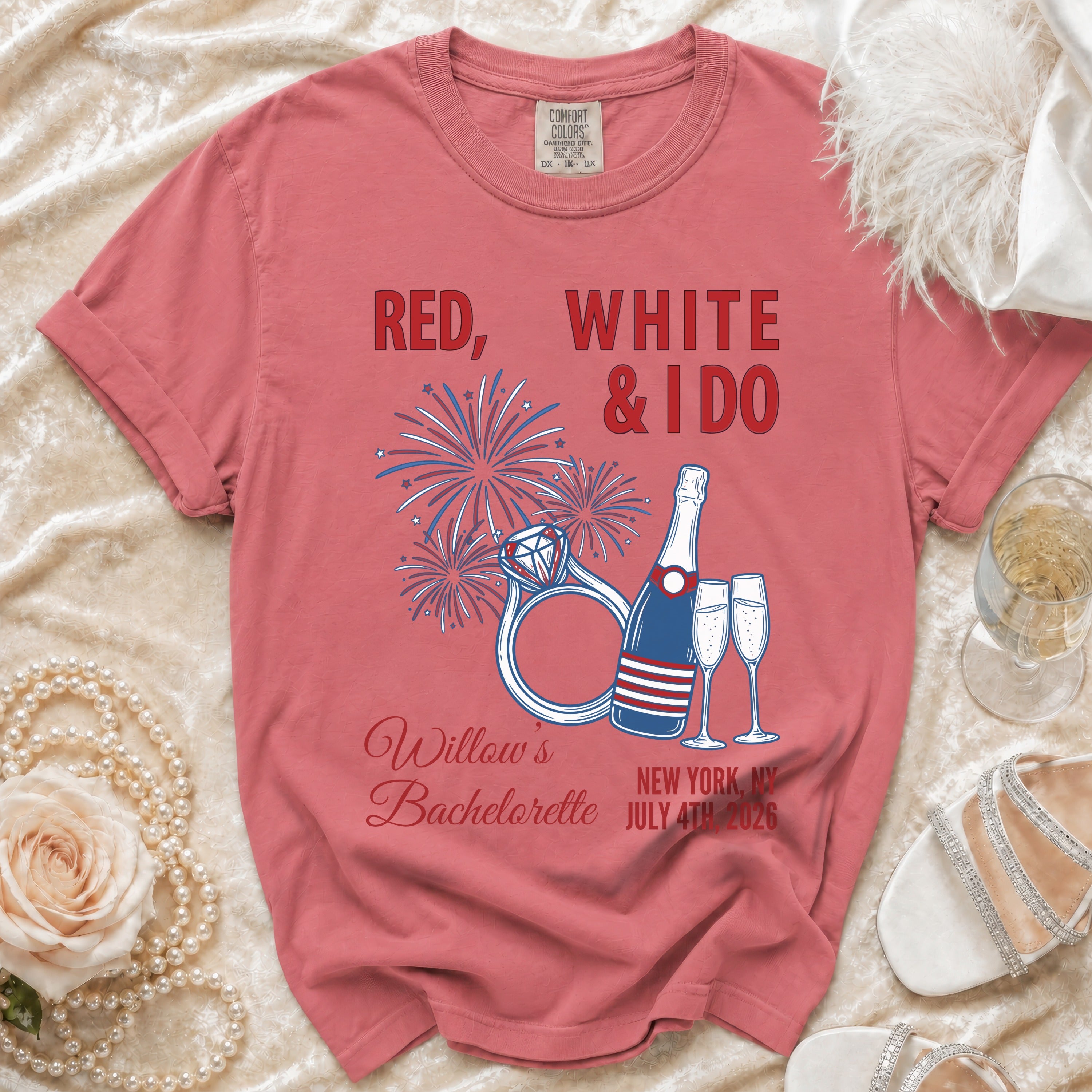 Red, white & I do bachelorette t-shirt with fireworks and champagne.