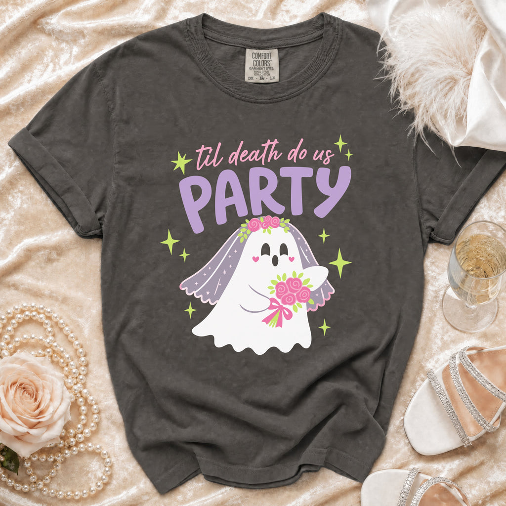 Dark grey t-shirt with ghost bride graphic saying "Til death do us party".