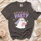 Dark grey t-shirt with ghost bride graphic saying "Til death do us party".