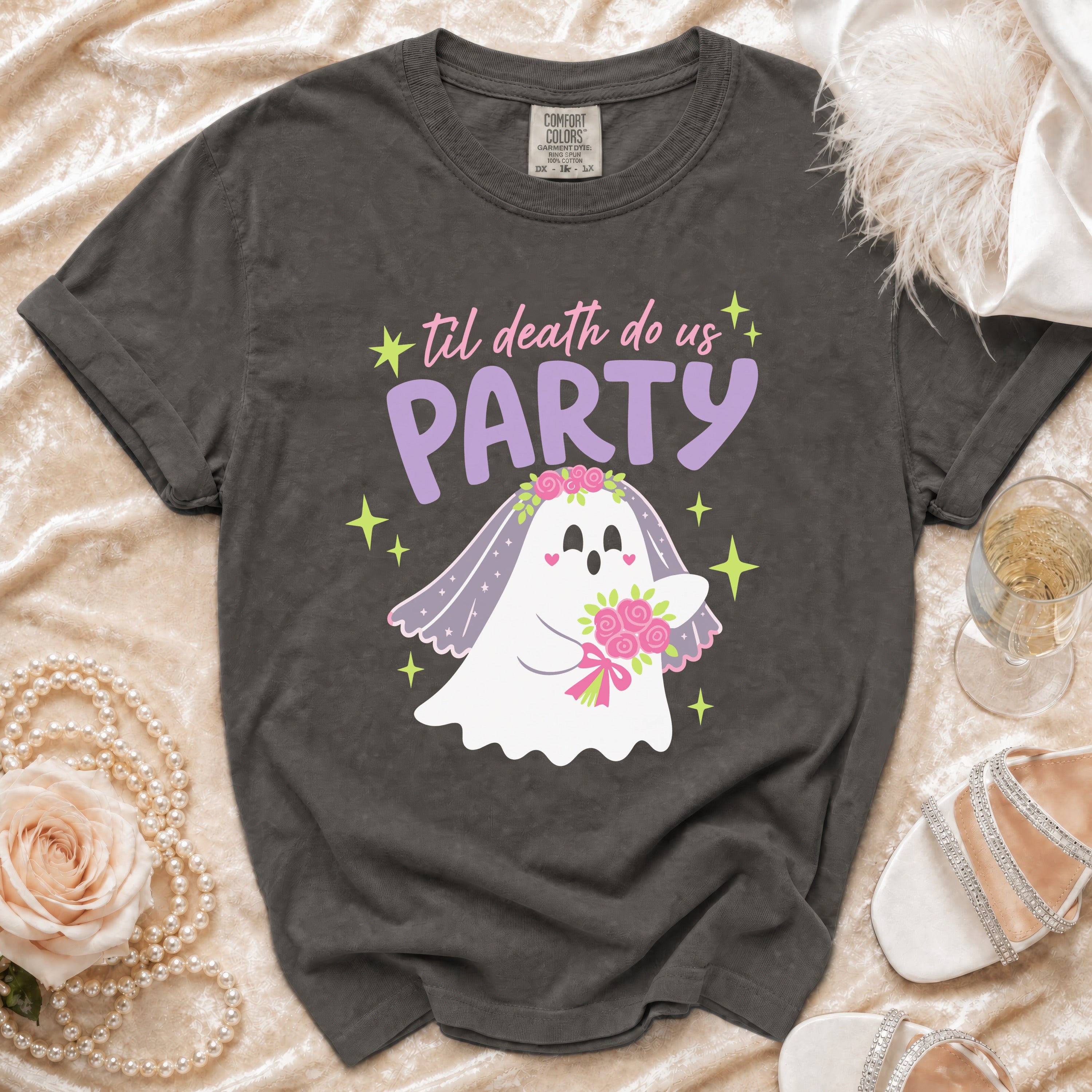 Dark grey t-shirt with ghost bride graphic saying "Til death do us party".