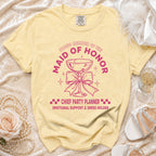Yellow t-shirt with "Proud member of the Maid of Honor" text and graphic.