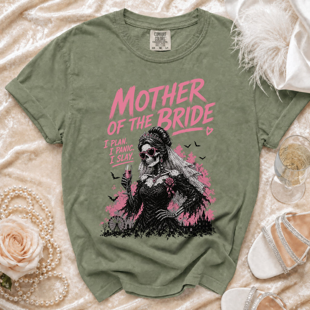 Olive green t-shirt with "Mother of the Bride" text and skeleton bride graphic.