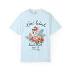 Light blue t-shirt with "Last Splash Sarah's Bach Summer 2026" and flamingo graphic.
