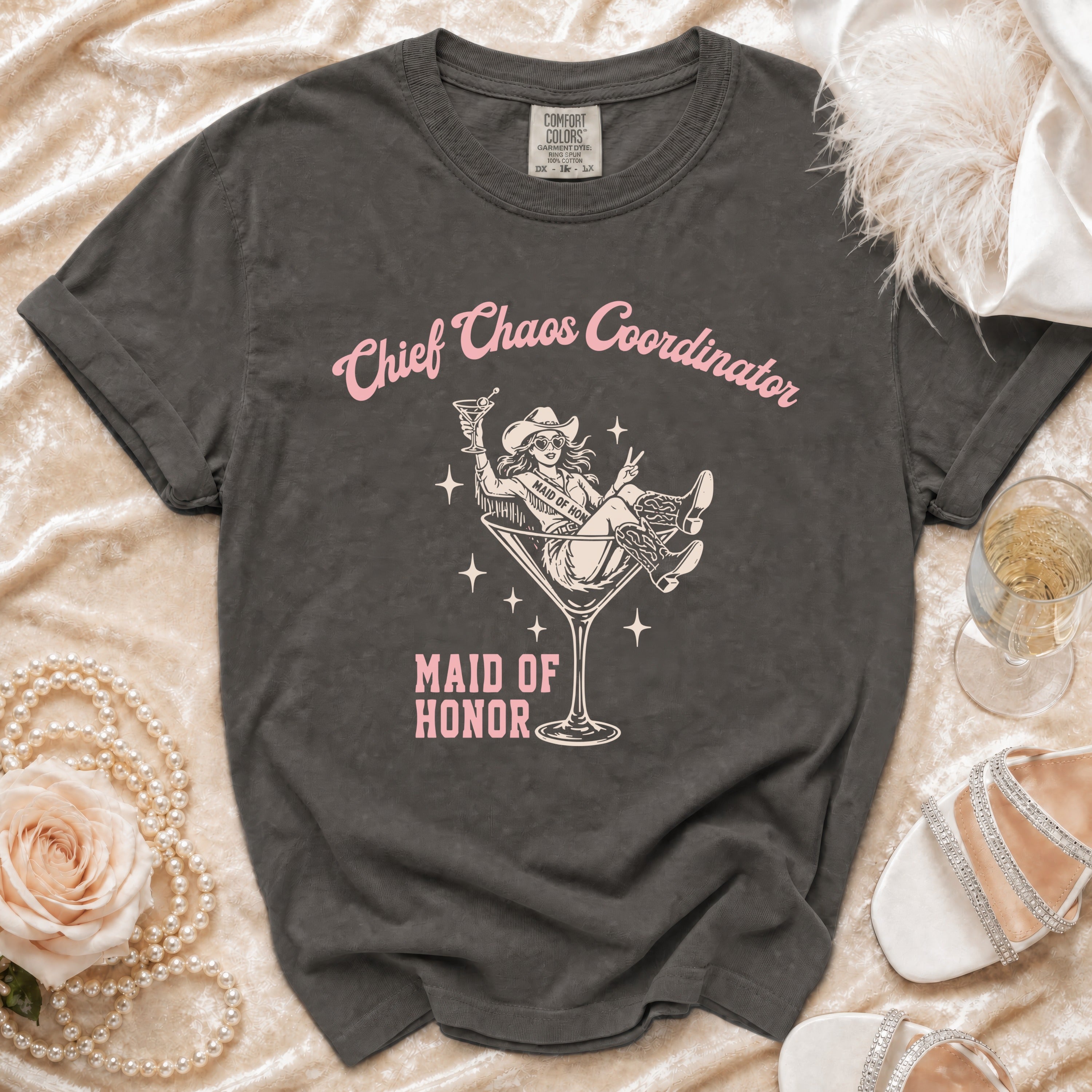 Gray t-shirt with "Chief Chaos Coordinator" and "Maid of Honor" text and graphic.