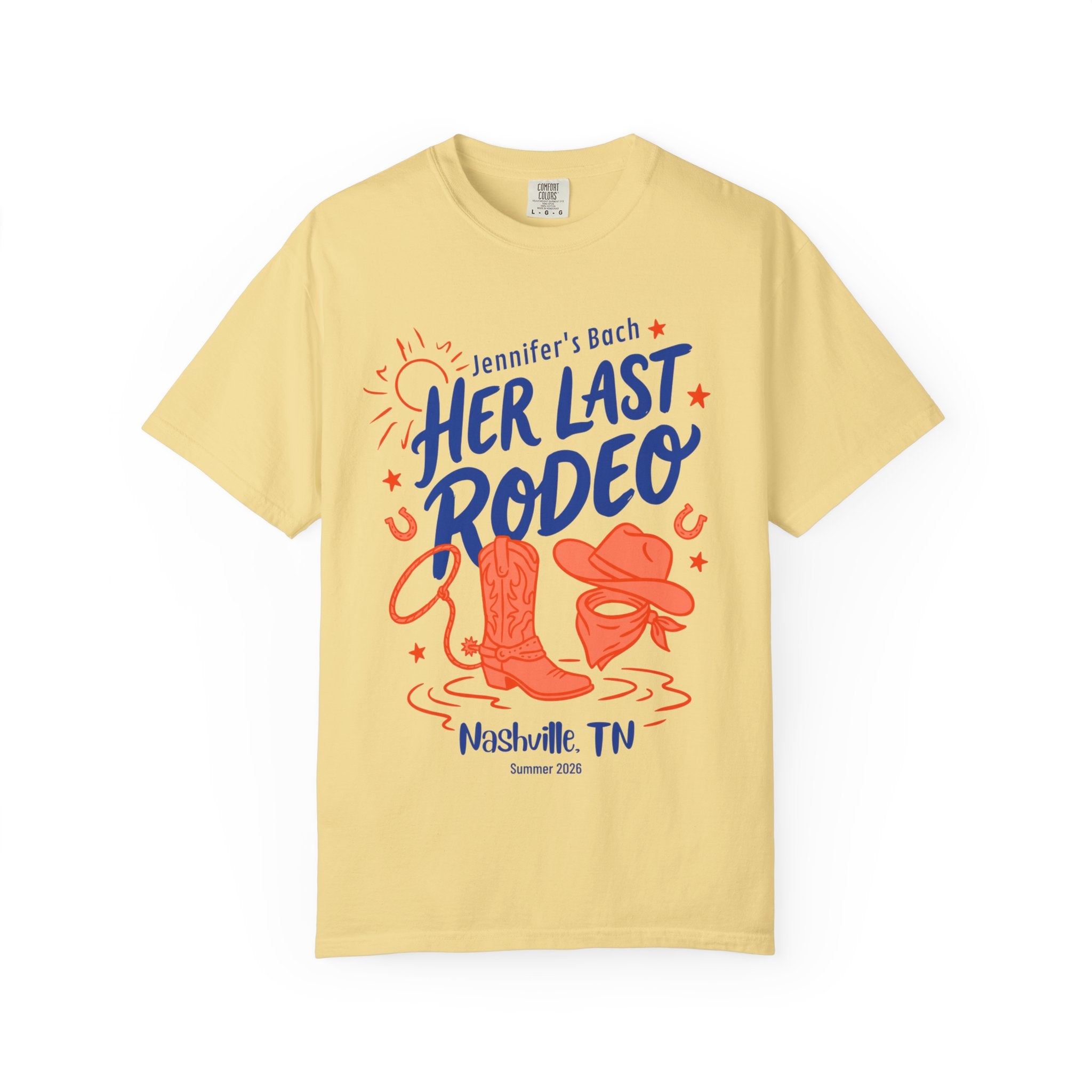 Yellow t-shirt with "Jennifer's Bach: Her Last Rodeo" text and Western graphics.