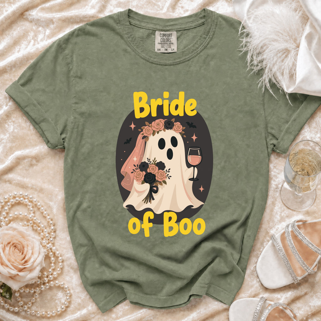Green t-shirt with "Bride of Boo" text and a ghost bride graphic.