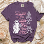 Purple t-shirt with "Mother of the Bride Boo Crew Til Death Do We Party" graphic.