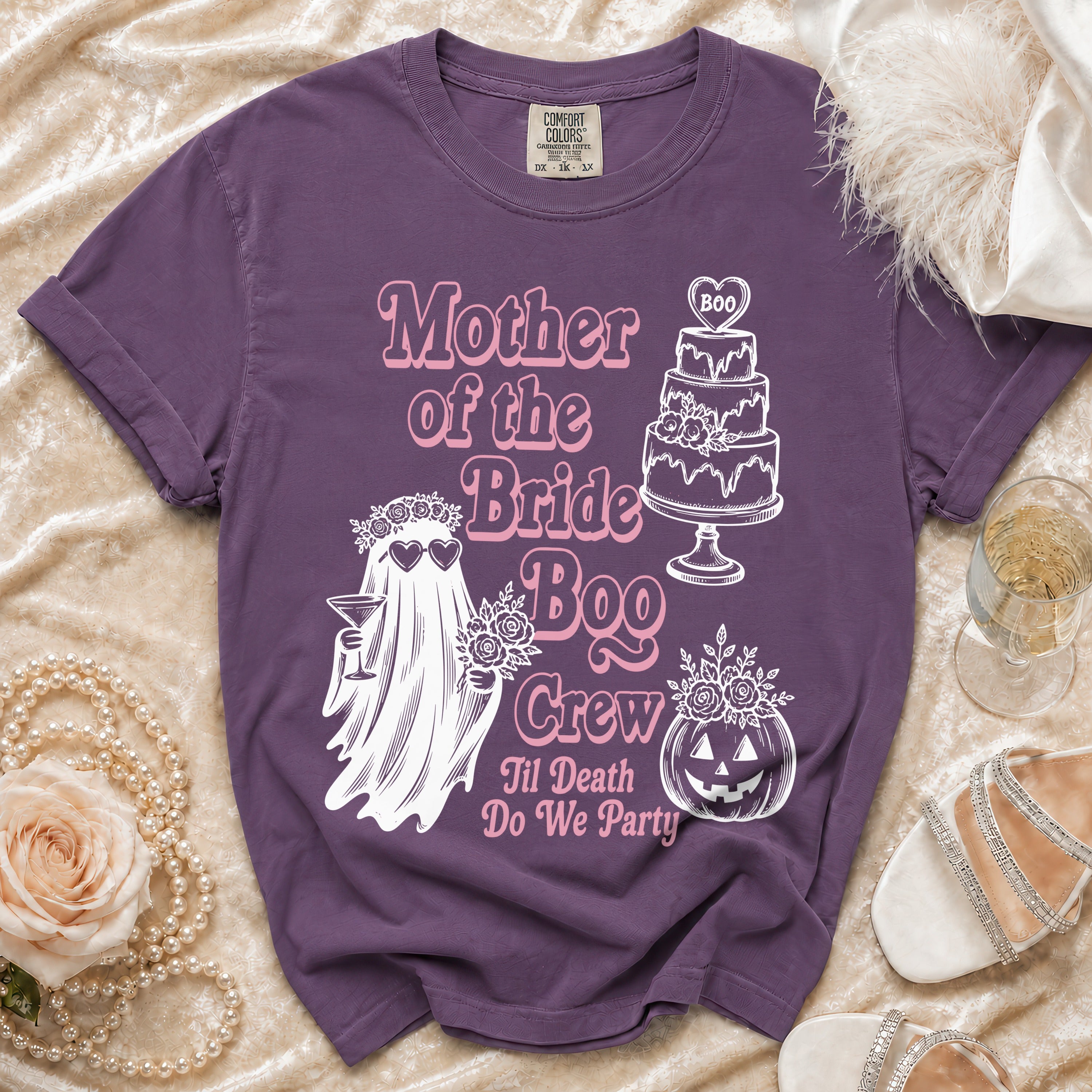 Purple t-shirt with "Mother of the Bride Boo Crew Til Death Do We Party" graphic.
