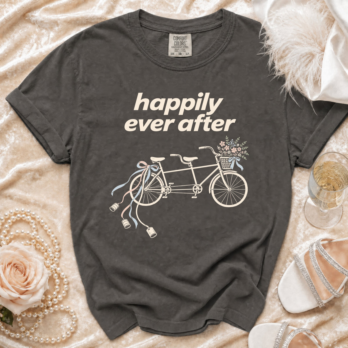 Dark gray t-shirt with "happily ever after" and tandem bicycle graphic.