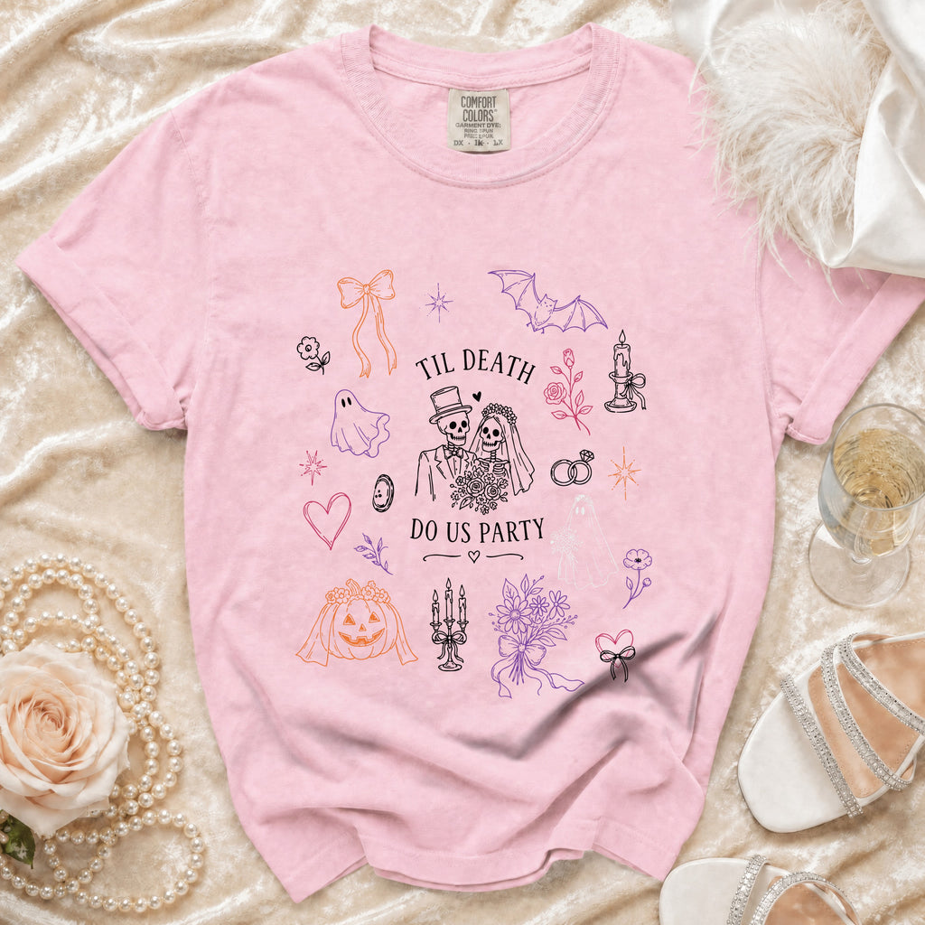Pink t-shirt with "Til Death Do Us Party" skeleton bride and groom graphic.