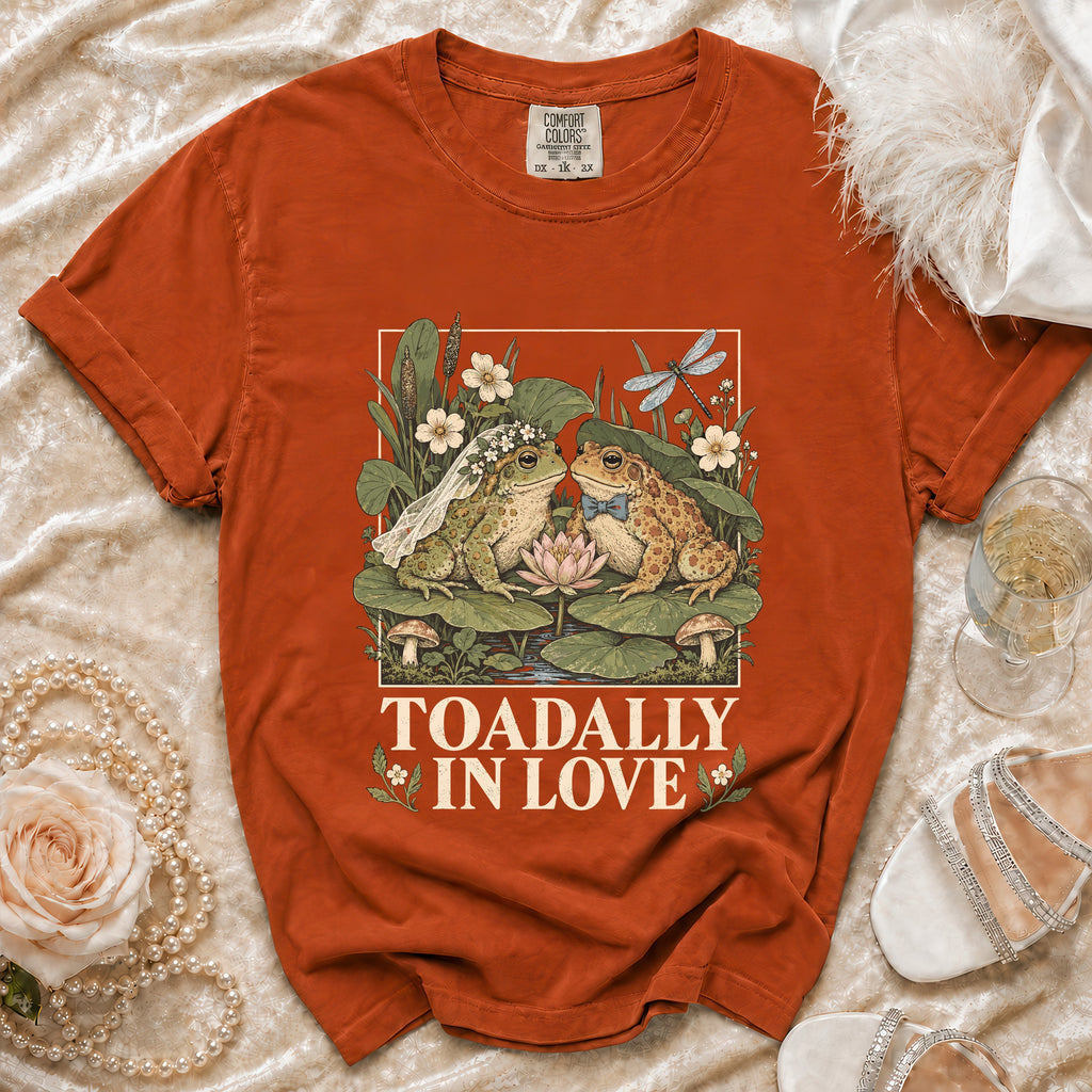 Orange t-shirt with a graphic of two frogs in love and "Toadally In Love" text.
