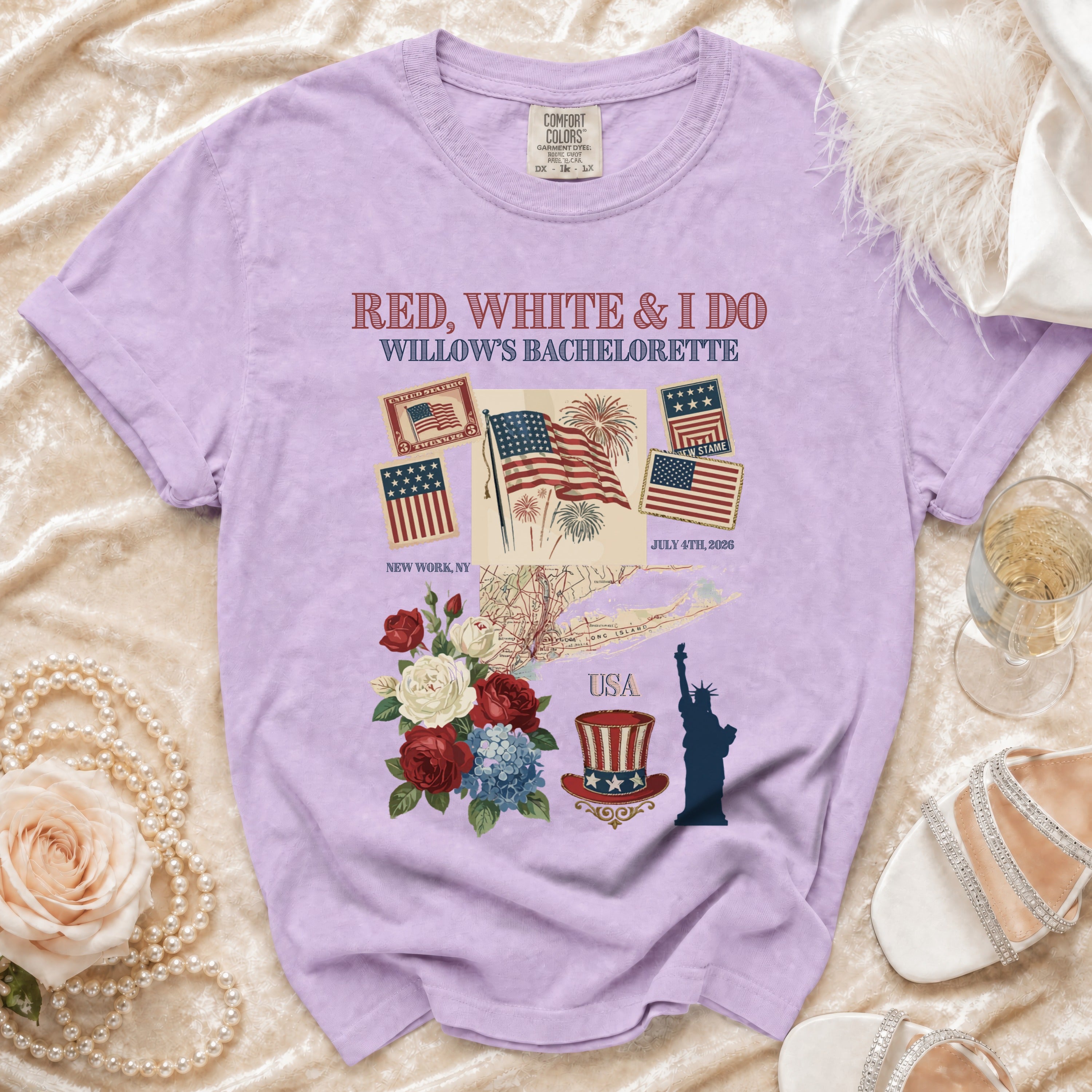 T-shirt with patriotic graphics: "Red, White & I Do, Willow's Bachelorette, July 4th, 2026."