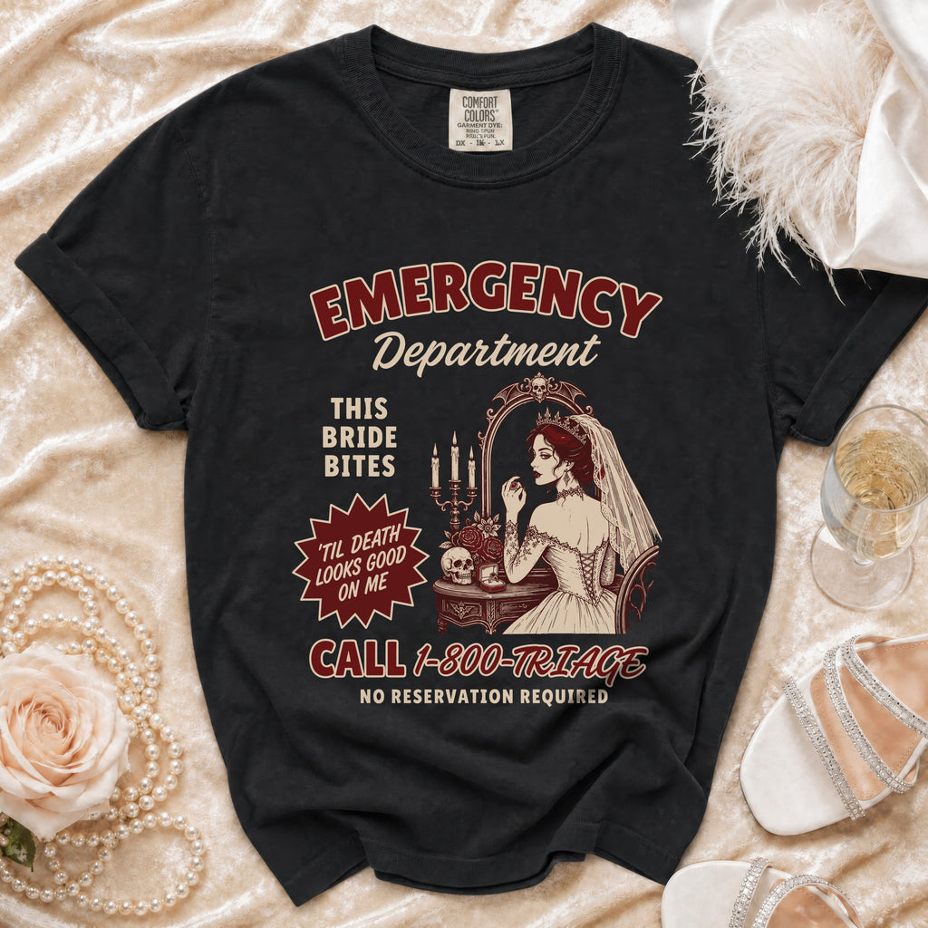 Black t-shirt with "Emergency Department" and gothic bride graphic.