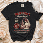 Black t-shirt with "Emergency Department" and gothic bride graphic.