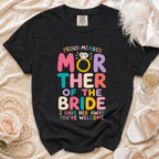 Black t-shirt with "Proud Member Mother of the Bride" graphic including a ring.