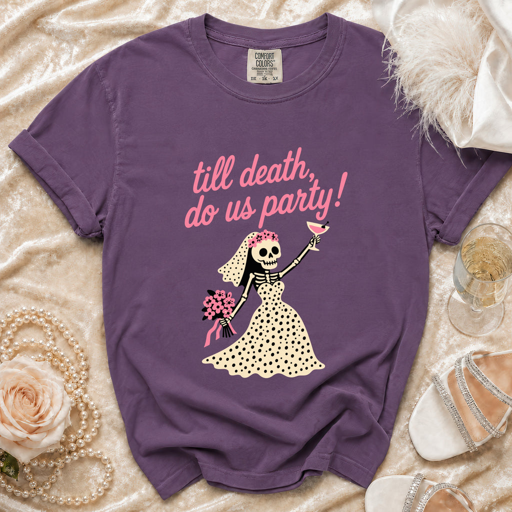 Purple t-shirt with skeleton bride and "till death, do us party!" text.
