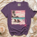 Purple t-shirt with "Honeymooning Just Married" in stamp design.