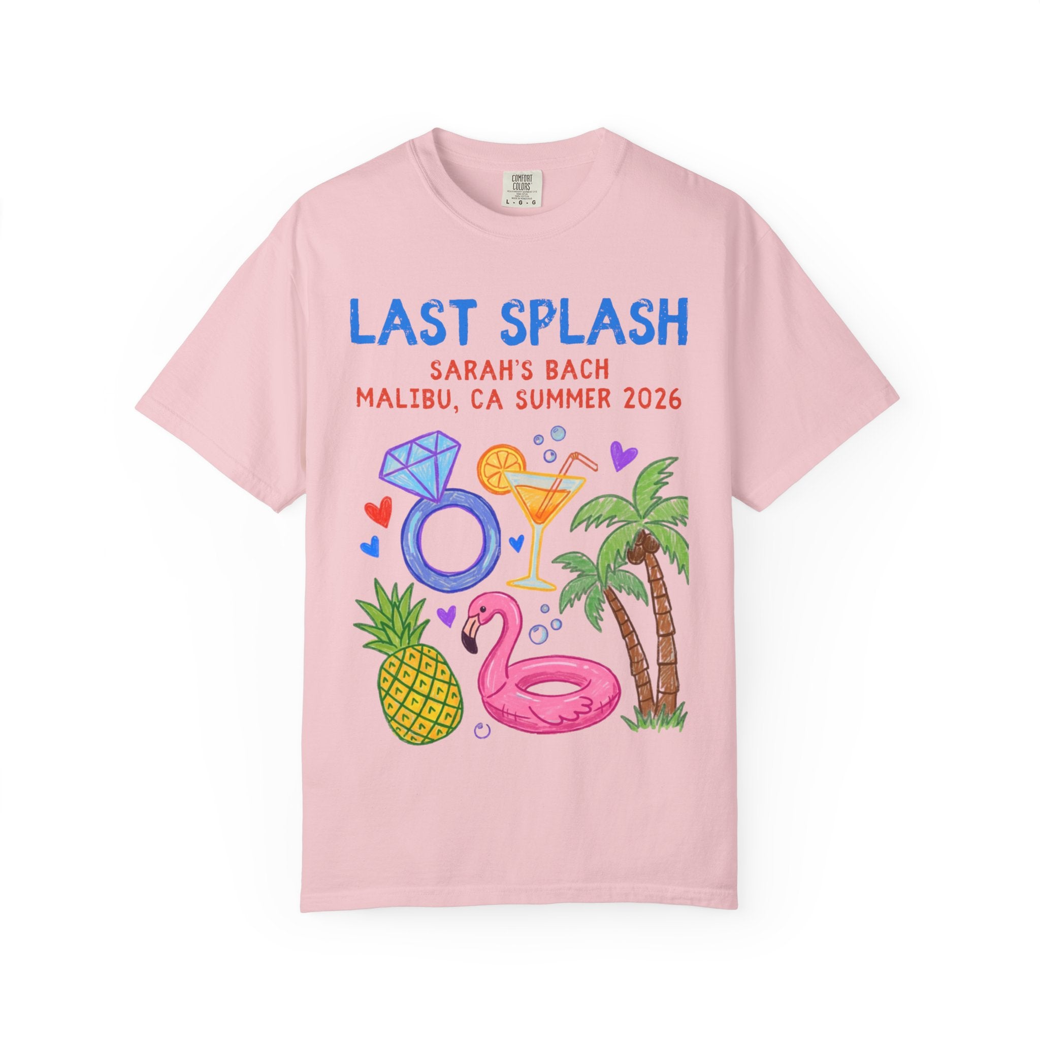 Pink t-shirt with "Sarah's Bach Malibu, CA Summer 2026" and tropical graphics.
