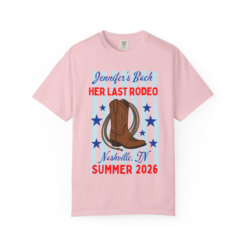 Pink t-shirt with "Jennifer's Bach Her Last Rodeo" and cowboy boot graphic.