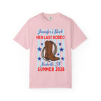 Pink t-shirt with "Jennifer's Bach Her Last Rodeo" and cowboy boot graphic.