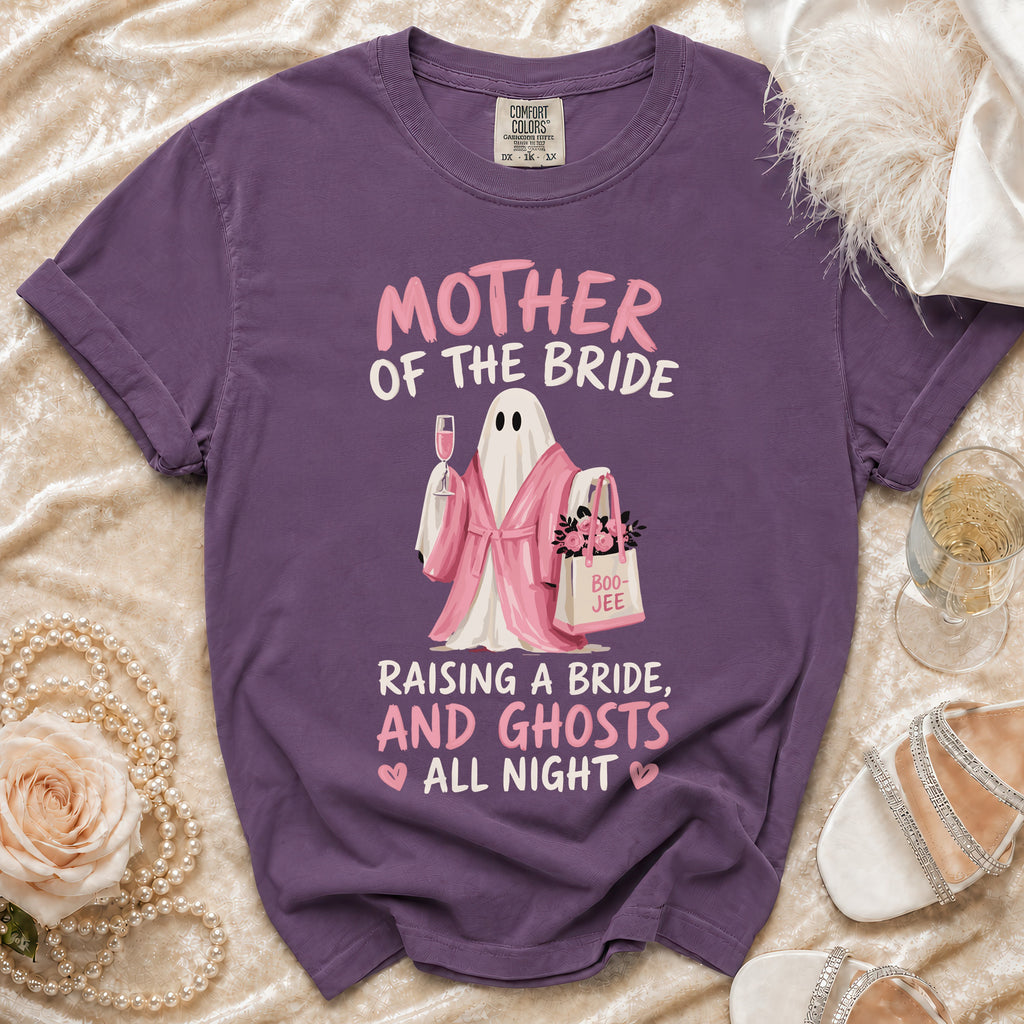 Purple t-shirt with "Mother of the Bride" and a ghost design.