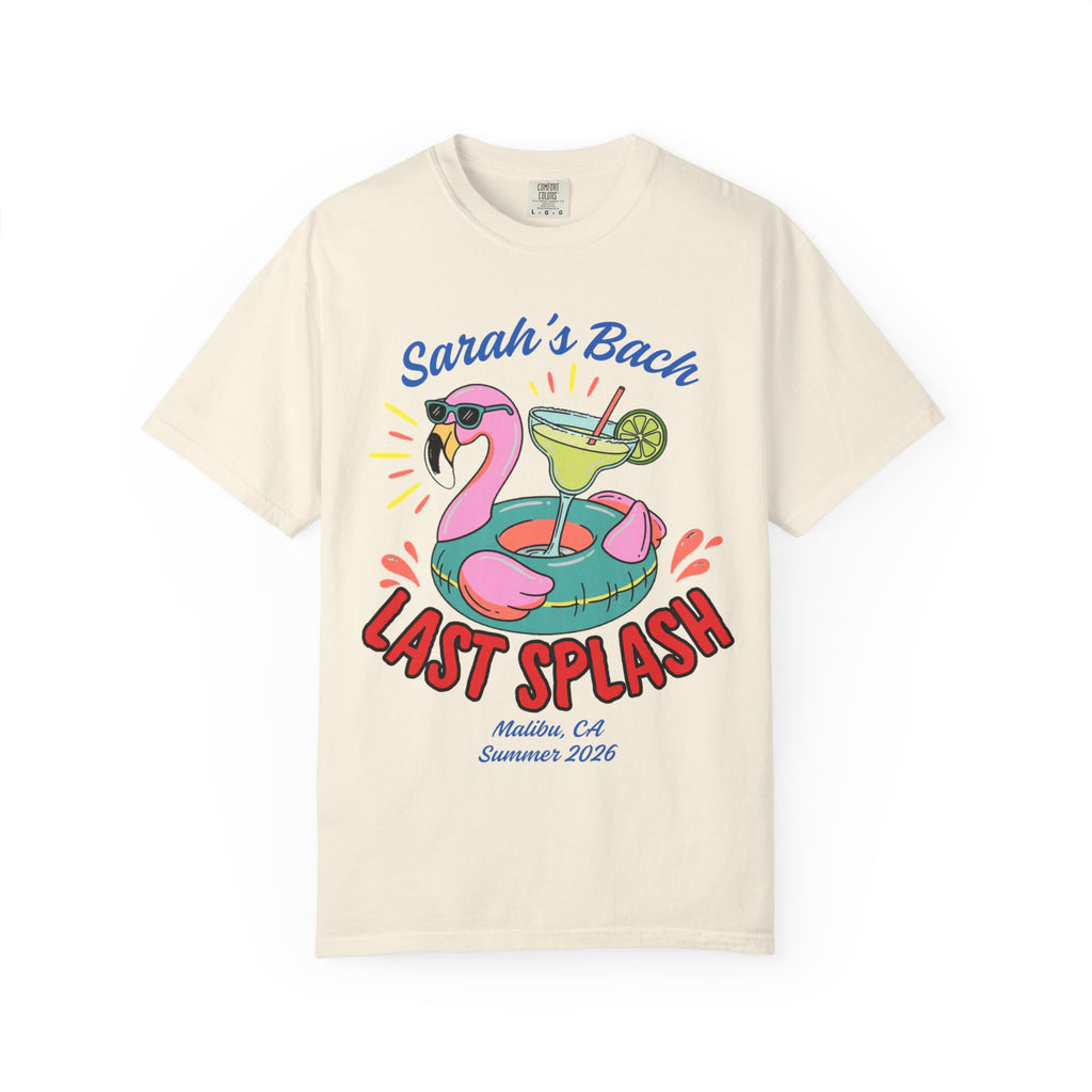 Flamingo pool float with margarita, "Sarah's Bach Last Splash" text.