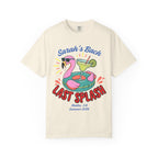 Flamingo pool float with margarita, "Sarah's Bach Last Splash" text.