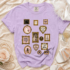 Lilac t-shirt with vintage Halloween frames including skeleton bride, ghost, and spooky phrases.