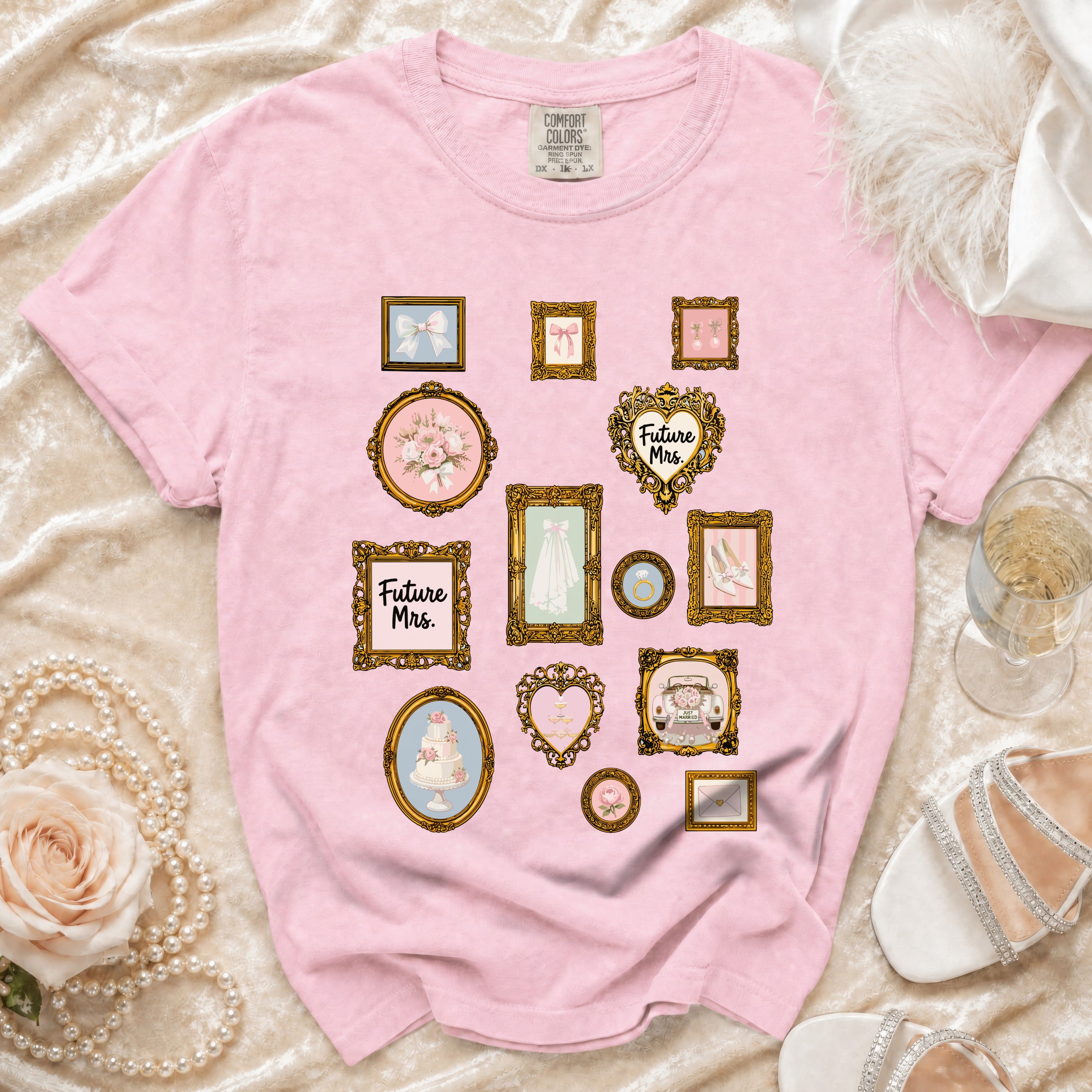 Pink t-shirt featuring a collage of vintage-style framed wedding illustrations including "Future Mrs."
