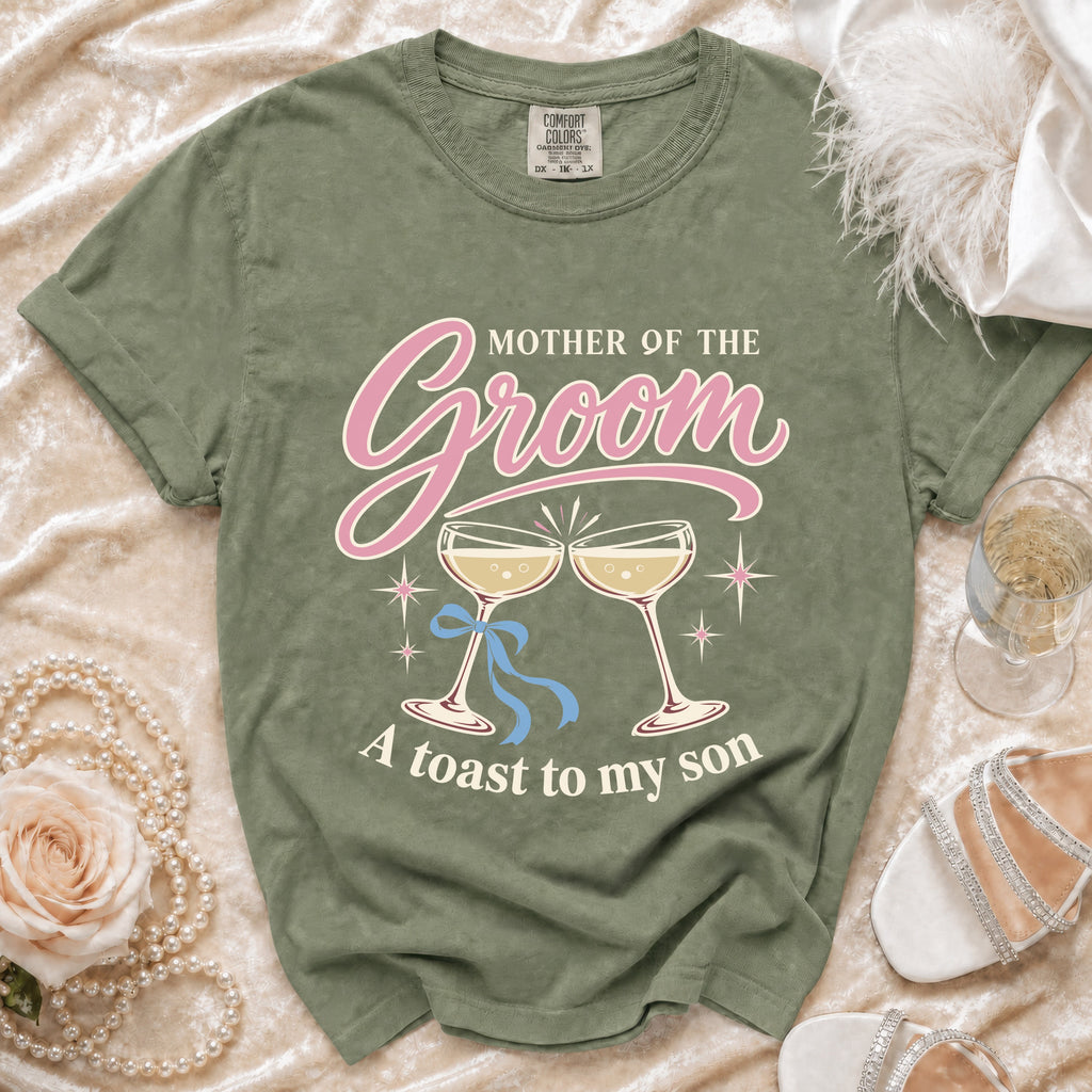 Green t-shirt with "Mother of the Groom" text, champagne glasses, and "A toast to my son."