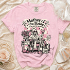 Pink t-shirt with skeleton graphic for "Mother of the Bride (I'm just here for the open bar)".