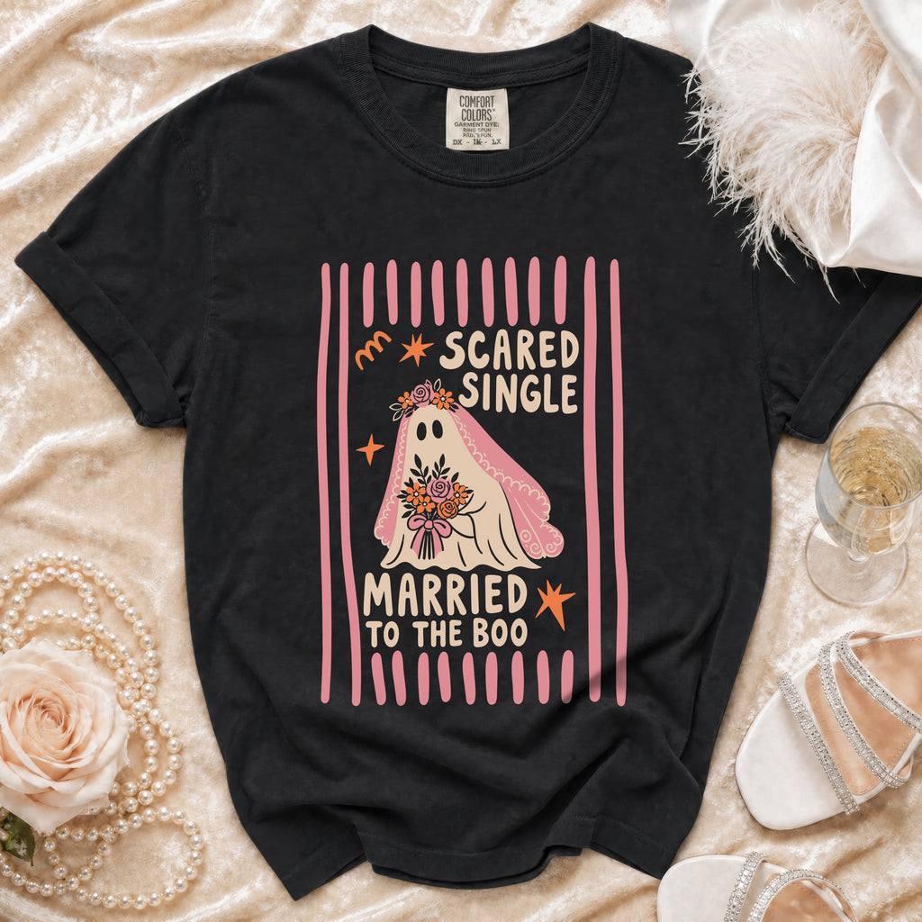 Black t-shirt with a ghost bride graphic that reads "Scared Single Married to the Boo".
