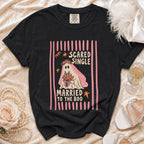 Black t-shirt with a ghost bride graphic that reads "Scared Single Married to the Boo".