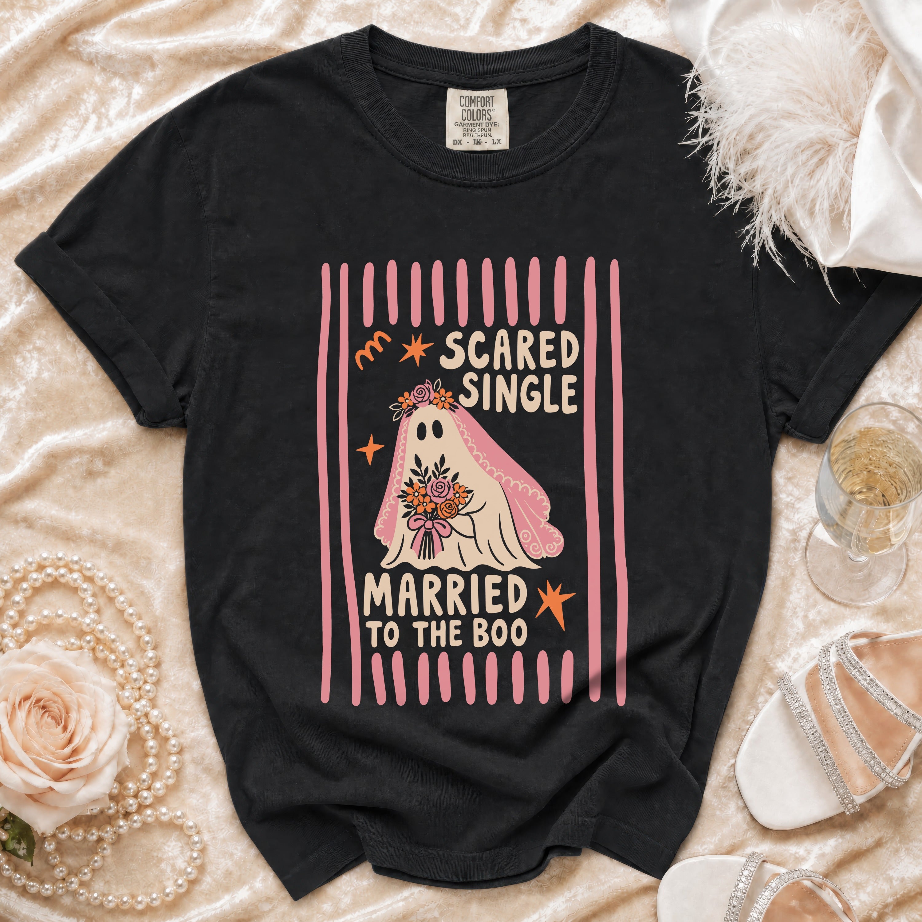 Black t-shirt with a ghost bride graphic that reads "Scared Single Married to the Boo".