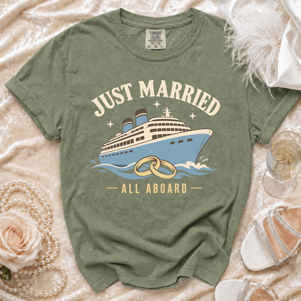 Green t-shirt with "JUST MARRIED ALL ABOARD" text and a cruise ship graphic.