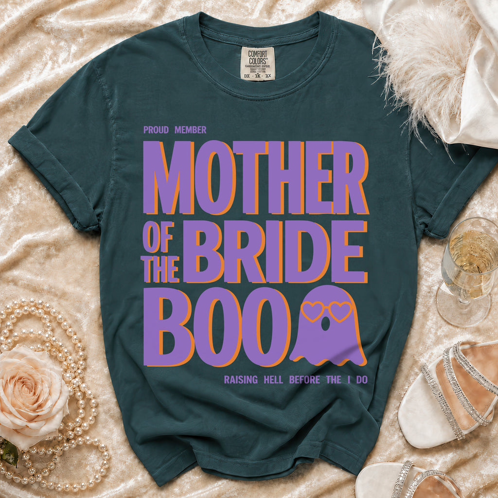 Proud Mother of the Bride Boo shirt with ghost graphic and "Raising Hell" text.