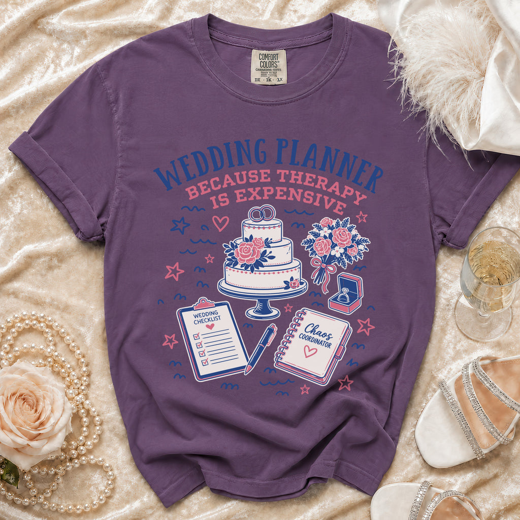 Purple t-shirt with "Wedding Planner Because Therapy is Expensive" text and wedding graphics.