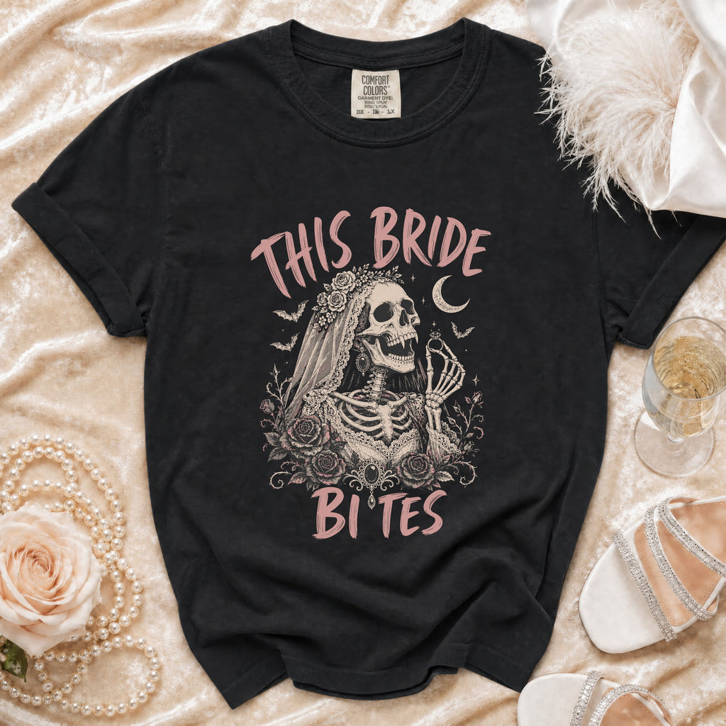 Black t-shirt with "This Bride Bites" graphic featuring a skeleton bride.