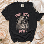 Black t-shirt with "This Bride Bites" graphic featuring a skeleton bride.