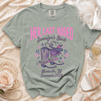 T-shirt with "Her Last Rodeo Jennifer's Bach" and cowboy boots.