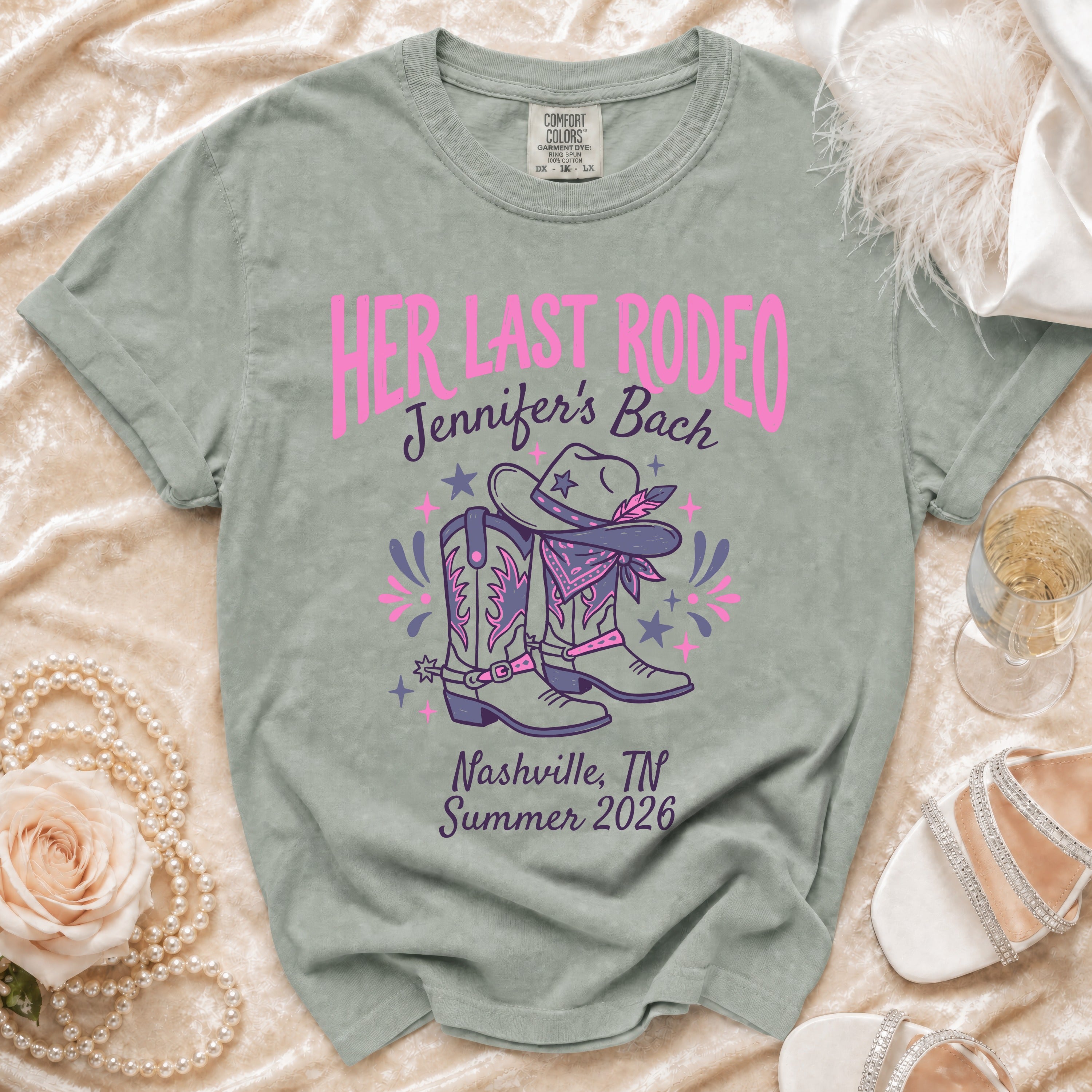 T-shirt with "Her Last Rodeo Jennifer's Bach" and cowboy boots.