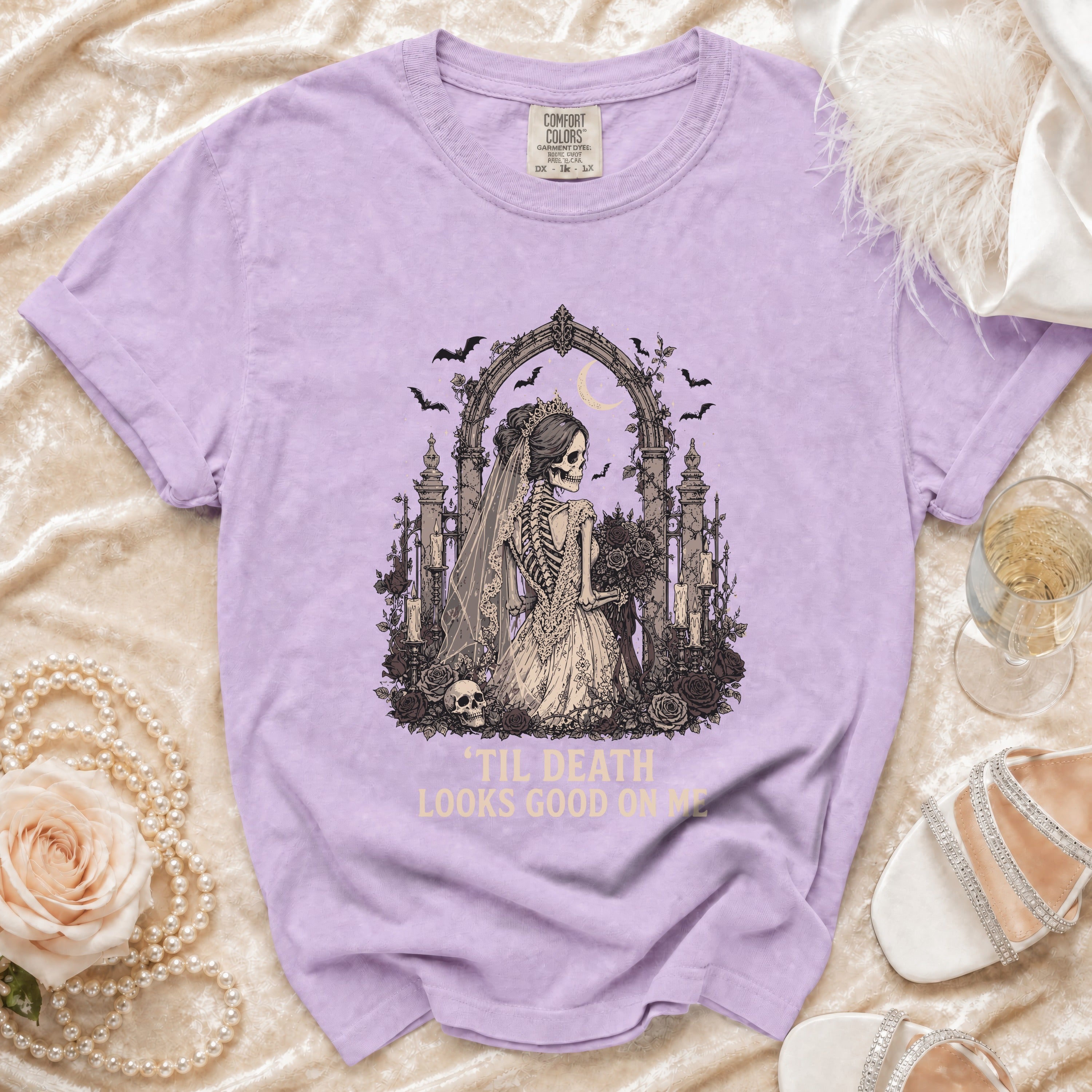 Lavender t-shirt with gothic skeleton bride graphic and text 'Til Death Looks Good On Me.